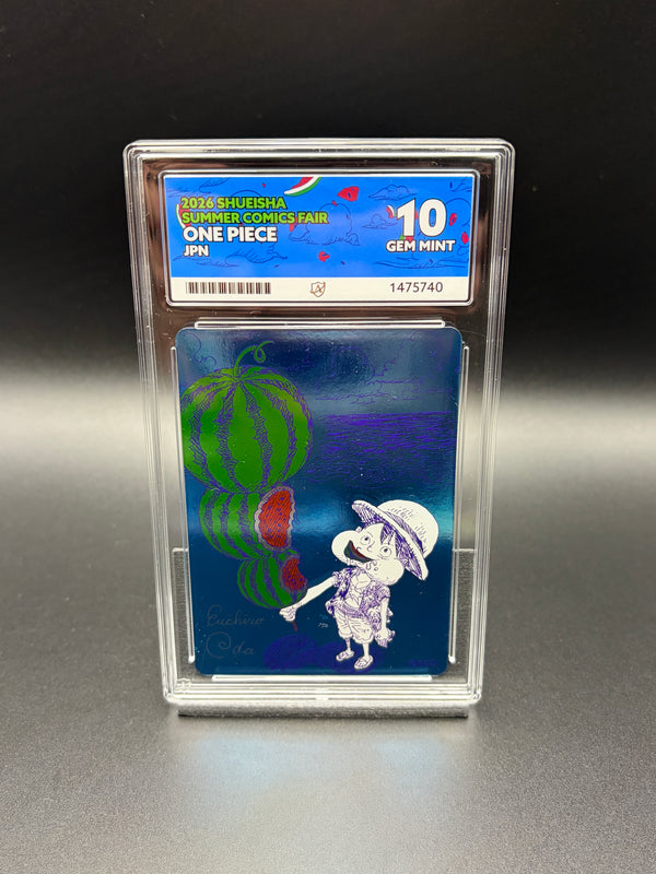 Japanese Watermelon Luffy One Piece Shueisha Summer Comics Fair 2026 promo in an ACE 10 Gem Mint graded slab, front view