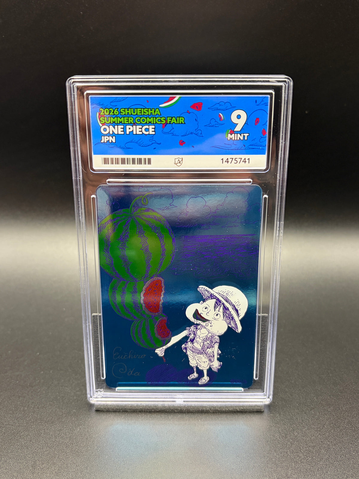 Japanese Watermelon Luffy One Piece Shueisha Summer Comics Fair 2026 promo in an ACE 9 Mint graded slab, front view