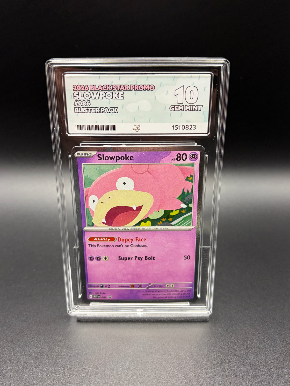 English Slowpoke #086 Black Star Promo 2026 Pokémon blister pack promo card in an ACE 10 Gem Mint graded slab, front view