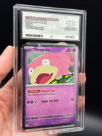 Handheld close-up of English Slowpoke #086 Black Star Promo 2026 Pokémon card in an ACE 10 Gem Mint slab, showing artwork and grading label
