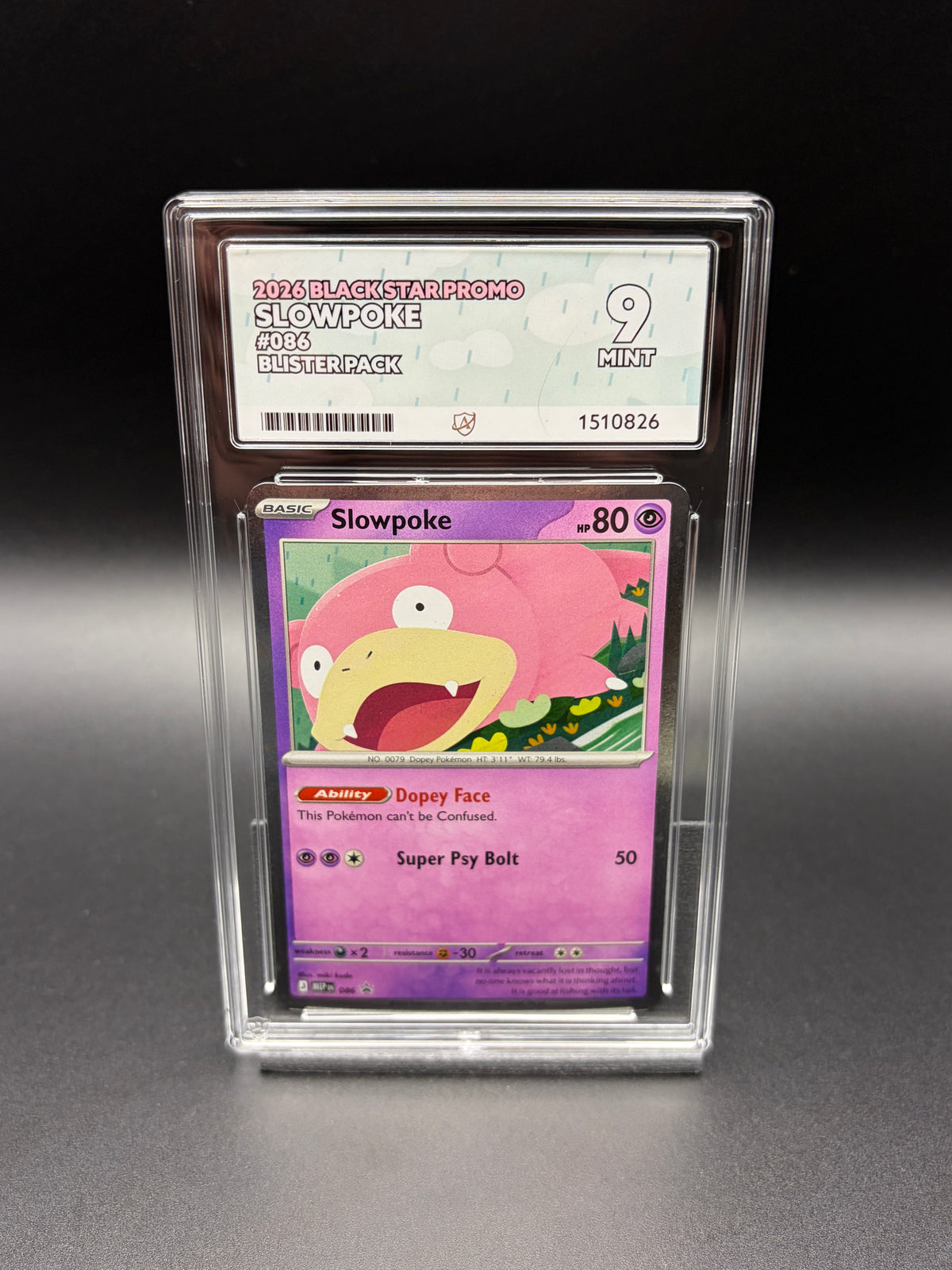 English Slowpoke #086 Black Star Promo 2026 Pokémon blister pack promo card in an ACE 9 Mint graded slab, front view