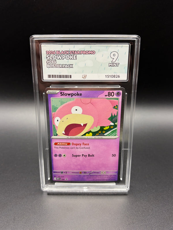 English Slowpoke #086 Black Star Promo 2026 Pokémon blister pack promo card in an ACE 9 Mint graded slab, front view