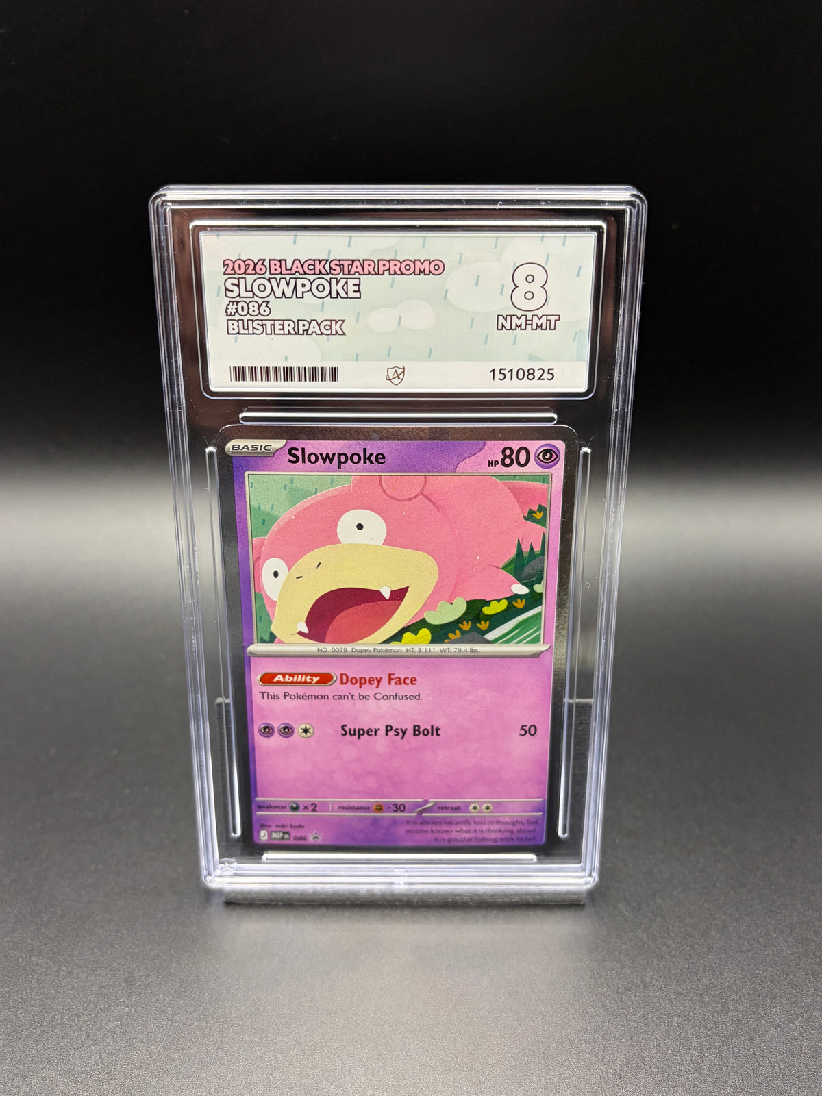 English Slowpoke #086 Black Star Promo 2026 Pokémon blister pack promo card in an ACE 8 Near Mint/Mint graded slab, front view