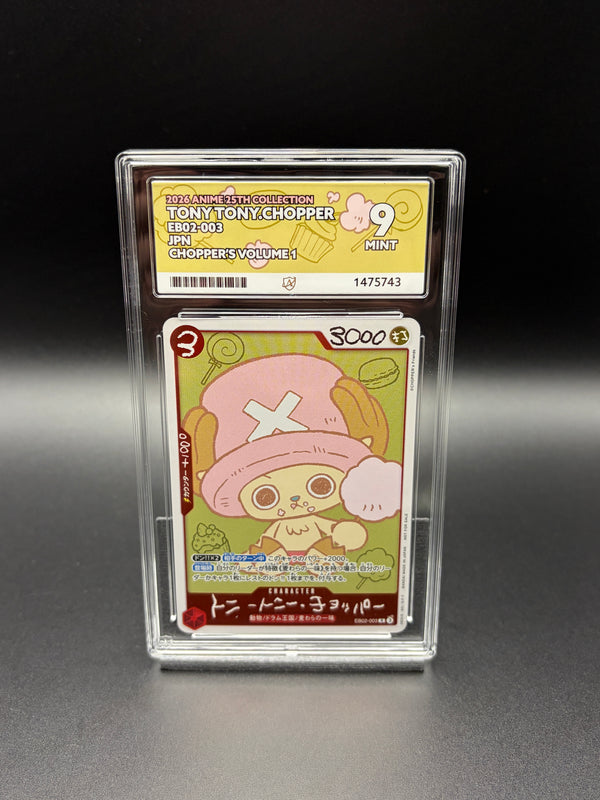 Japanese Tony Tony Chopper EB02-003 One Piece Anime 25th Collection 2026 card in an ACE 9 Mint graded slab, front view