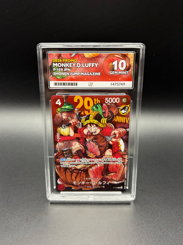 Japanese Monkey D. Luffy P-159 One Piece Shonen Jump Magazine 2026 promo card in an ACE 10 Gem Mint graded slab, front view