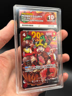 Handheld close-up of Japanese Monkey D. Luffy P-159 One Piece promo in an ACE 10 Gem Mint slab, showing 29th anniversary artwork and grading label