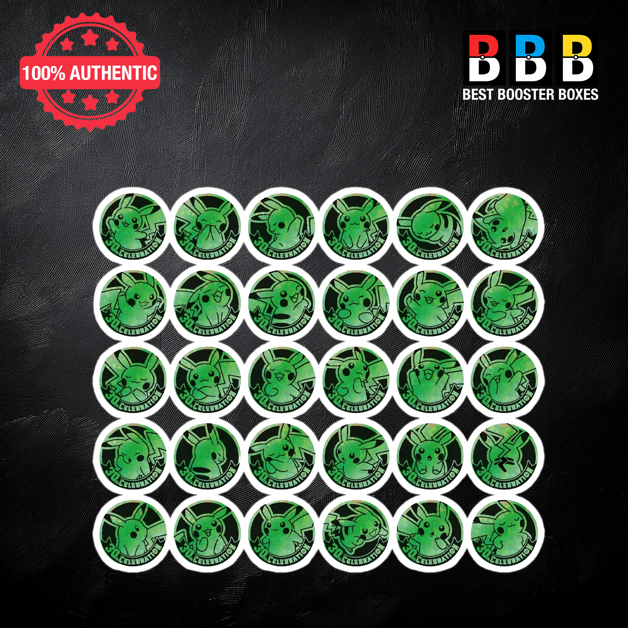 All 30 Pokémon 30th Celebration Pikachu coin designs – green holographic finish, Simplified Chinese collectible coins