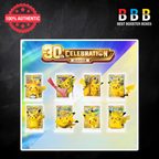 Pokémon 30th Celebration Pikachu Figure Blind Box – collectible Pikachu figures with matching Simplified Chinese foil cards, 13 designs to collect
