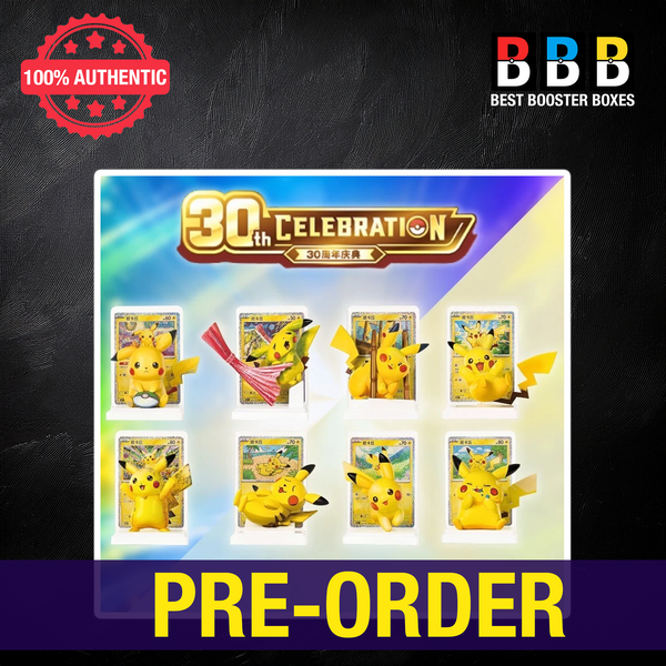 Pokémon 30th Celebration Pikachu Figure Blind Box – 8 of 13 collectible Pikachu figures each with matching Simplified Chinese foil card | Pre-Order