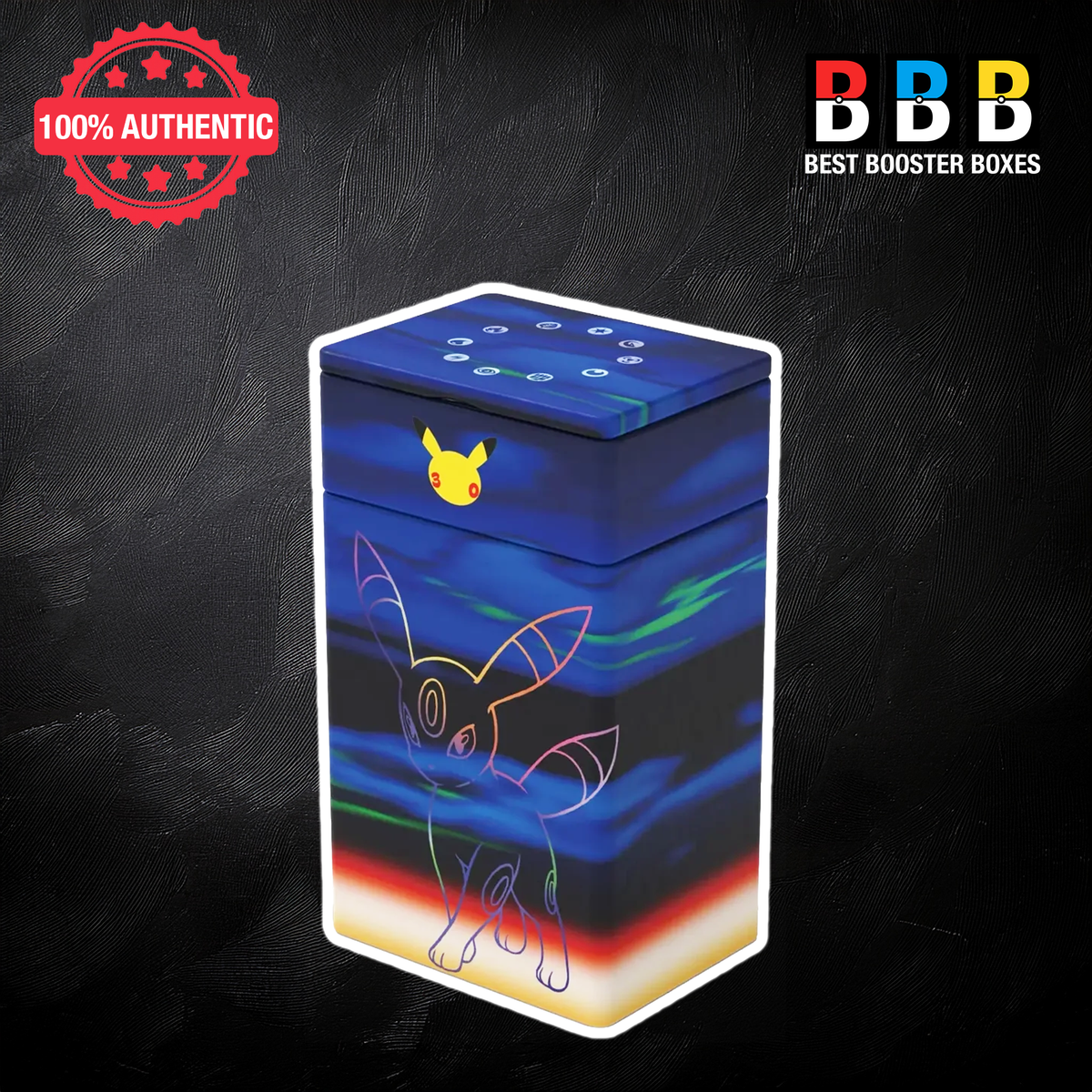 Umbreon themed metal deck box from the Pokémon 30th Celebration Deluxe Deck Set