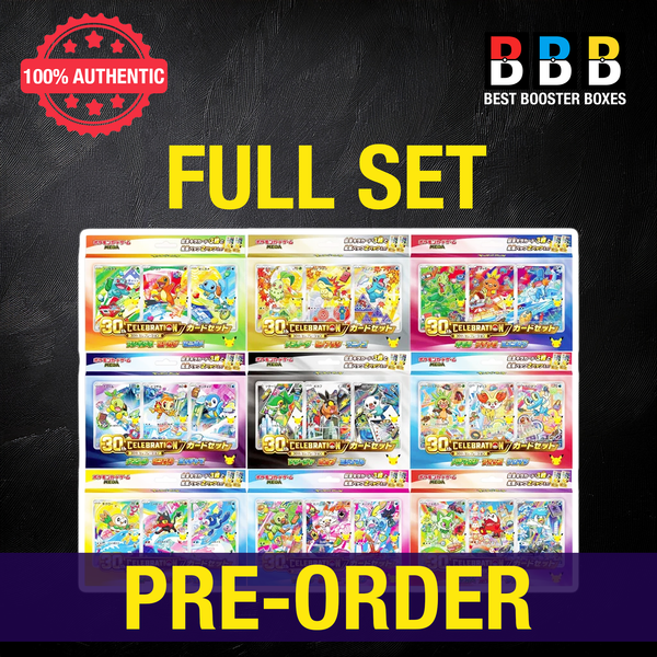 Pokémon Japanese First Partner 30th Celebration full set of nine starter Pokémon card sets, with pre-order banner