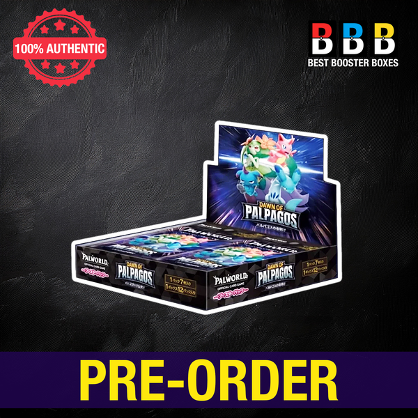 Palworld TCG Dawn of Palpagos Japanese booster box displaying packs and character artwork, with a pre-order banner