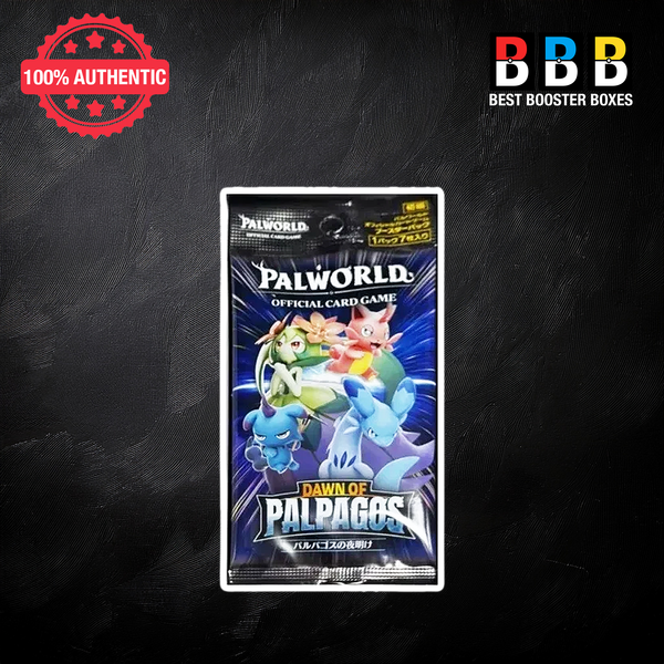 Palworld TCG Dawn of Palpagos Japanese booster pack showing the front packaging and character artwork