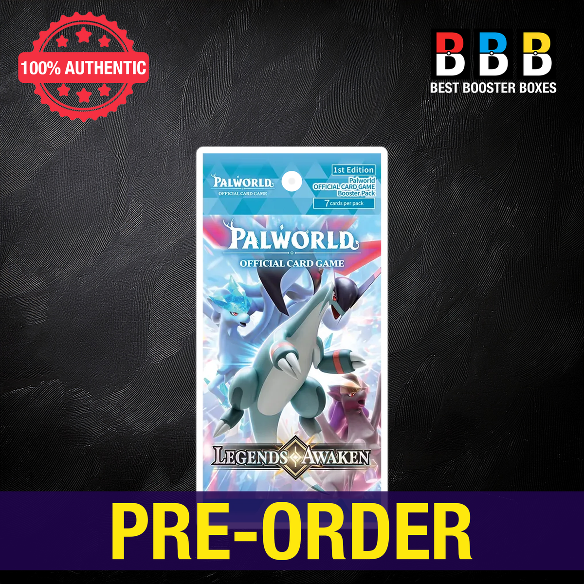 Palworld TCG Legends Awaken booster pack featuring Legendary Pals artwork with pre-order banner