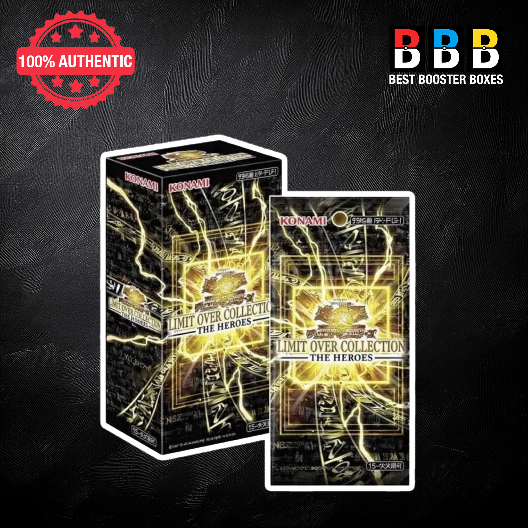 Yu-Gi-Oh! Limit Over Collection The Heroes Japanese Booster Box and pack - Konami CG2069 sealed factory box with black and gold lightning artwork