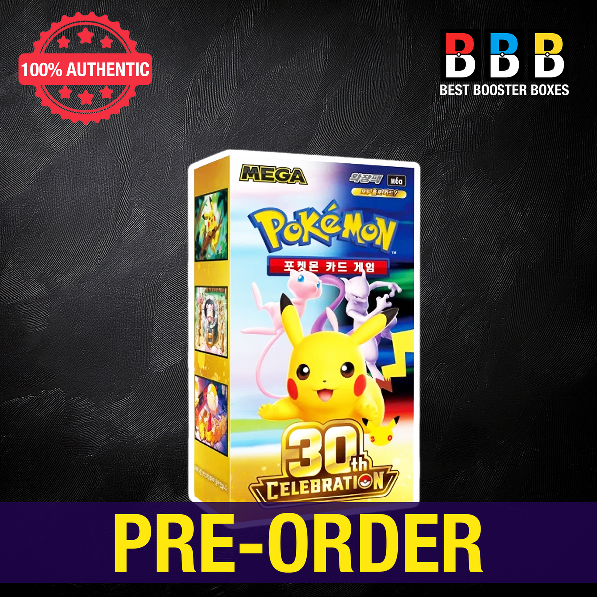 Pokémon 30th Celebration M6a Korean booster box featuring Pikachu, Mew and Mewtwo, with pre-order banner