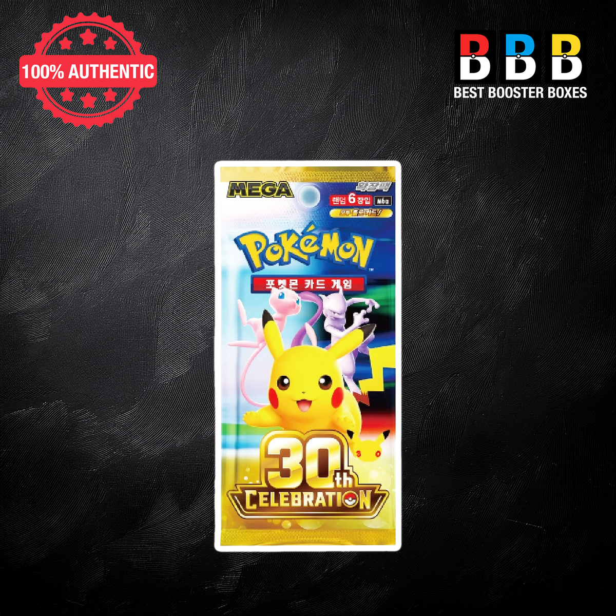 Pokémon 30th Celebration M6a Korean booster pack featuring Pikachu, Mew and Mewtwo artwork