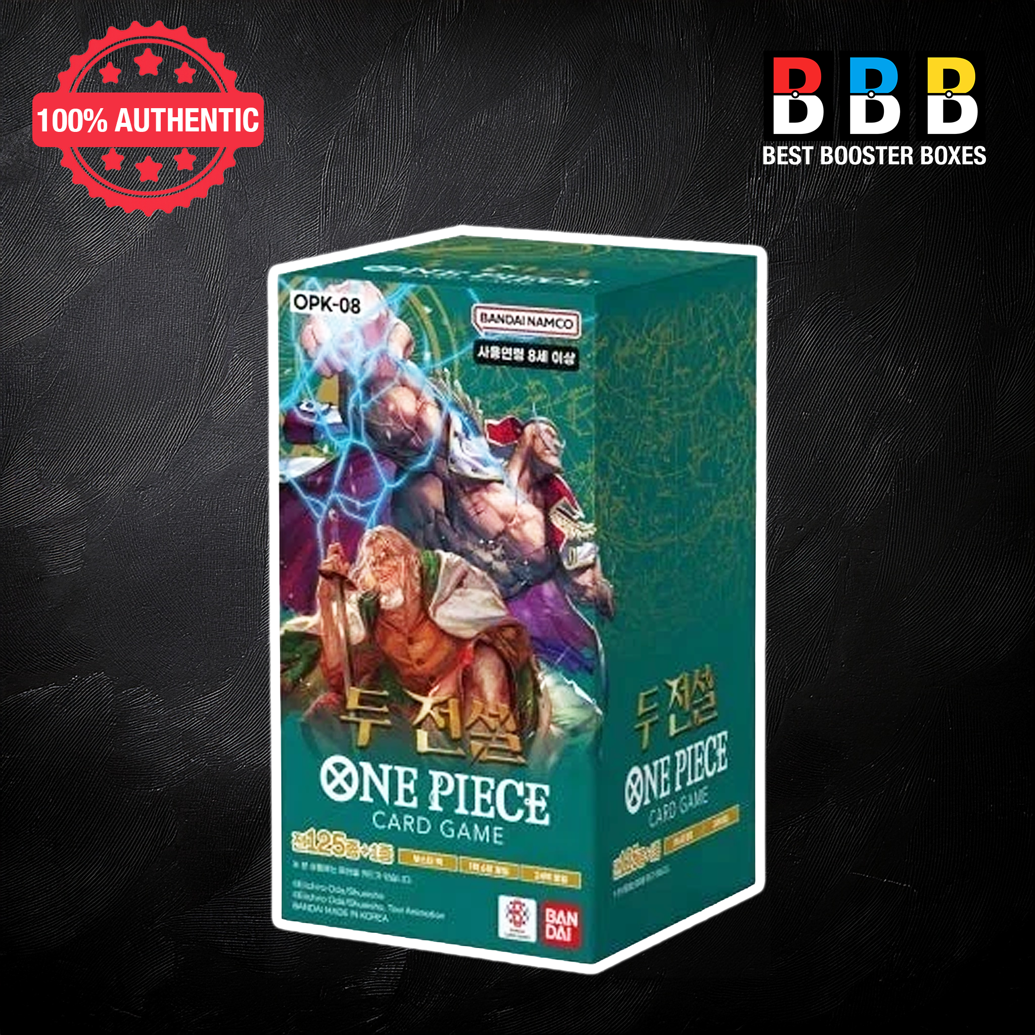 One Piece OPK-08 Two Legends Korean booster box front packaging showing Yonko characters and TCG artwork