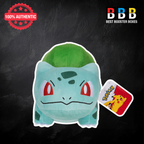 Official Pokémon Bulbasaur large plush toy 12 inch – embroidered features with Pokémon Centre hang tag, front-on view