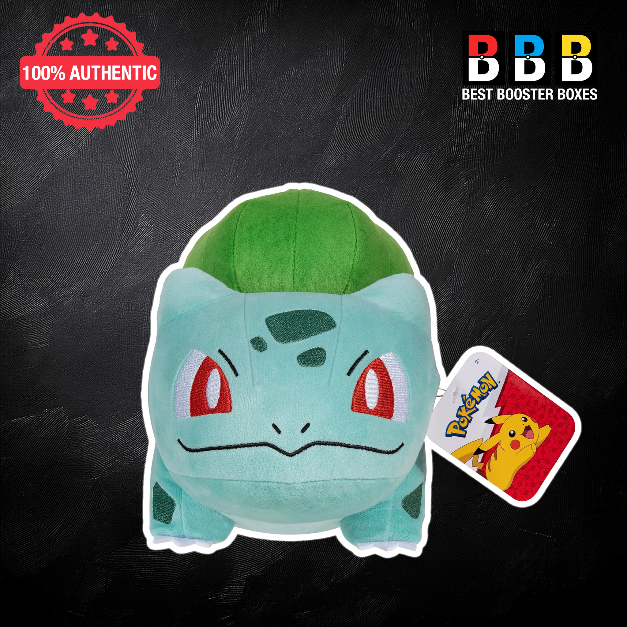 Official Pokémon Bulbasaur large plush toy 12 inch – embroidered features with Pokémon Centre hang tag, front-on view