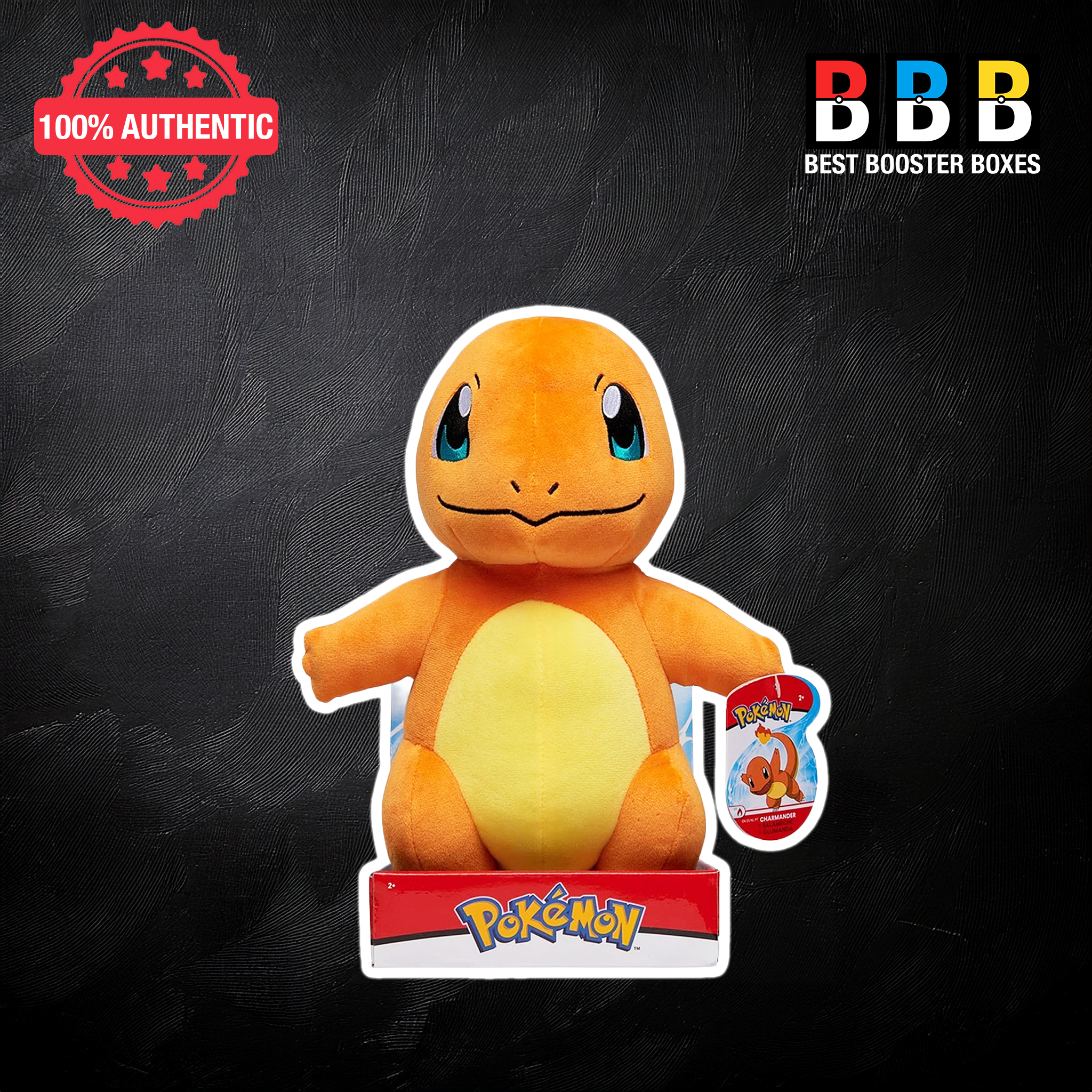 Pokémon Charmander 12 inch plush toy in official Pokémon box – orange soft stuffed figure with yellow belly and embroidered blue eyes
