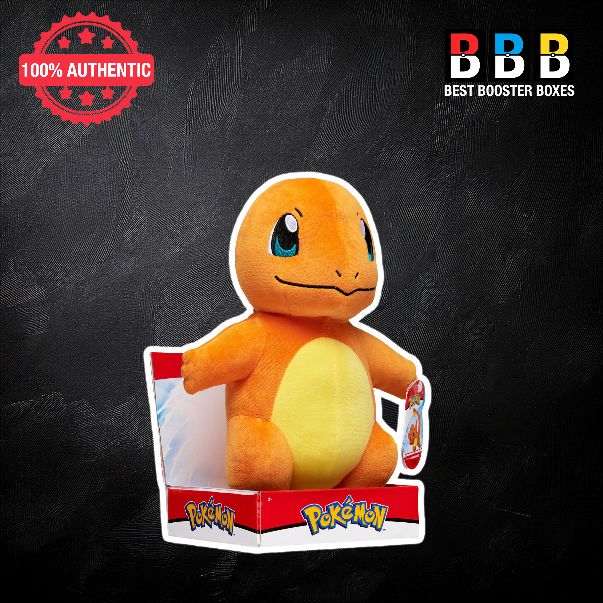 Pokémon Charmander 12 inch plush in Pokémon display box – three-quarter view showing orange body, yellow belly and Pokémon hang tag