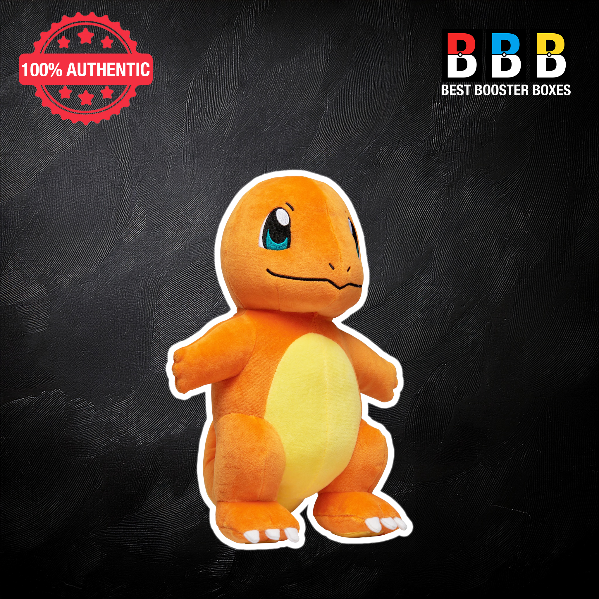 Pokémon Charmander 12 inch plush toy out of box – standing side view showing orange plush body, yellow belly and white claw details