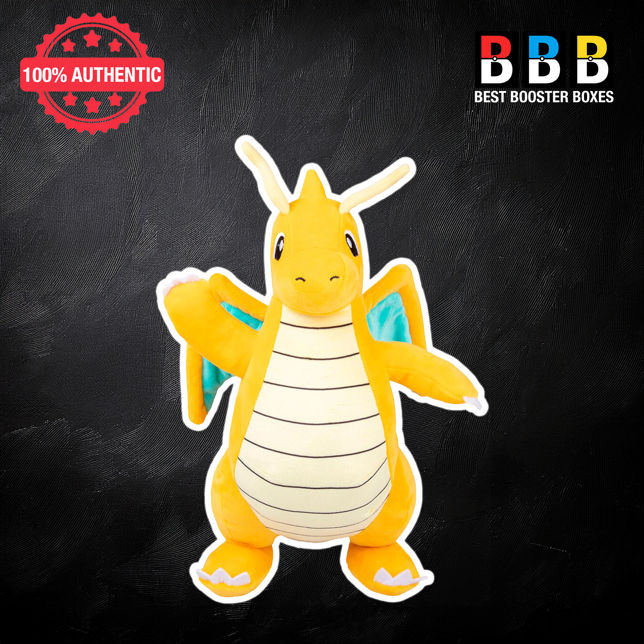 Pokémon Dragonite 12 inch plush toy – front view showing yellow-orange body, cream striped belly, teal wings and antennae