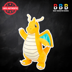 Pokémon Dragonite 12 inch plush – three-quarter view showing yellow-orange body, teal wings and embroidered eyes