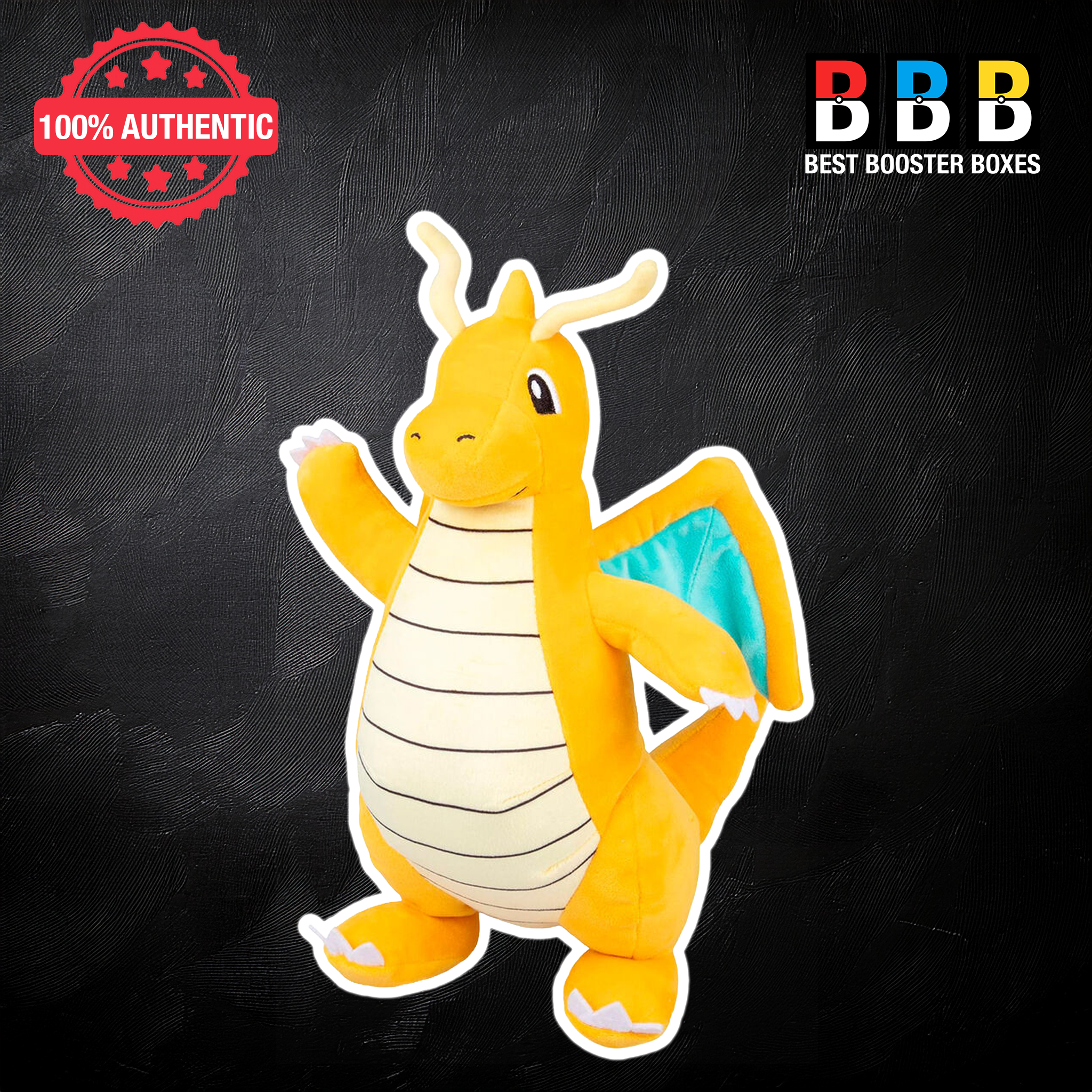 Pokémon Dragonite 12 inch plush – three-quarter view showing yellow-orange body, teal wings and embroidered eyes