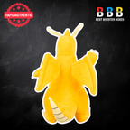 Pokémon Dragonite 12 inch plush toy – rear view showing yellow-orange back, teal wings and curled tail detail
