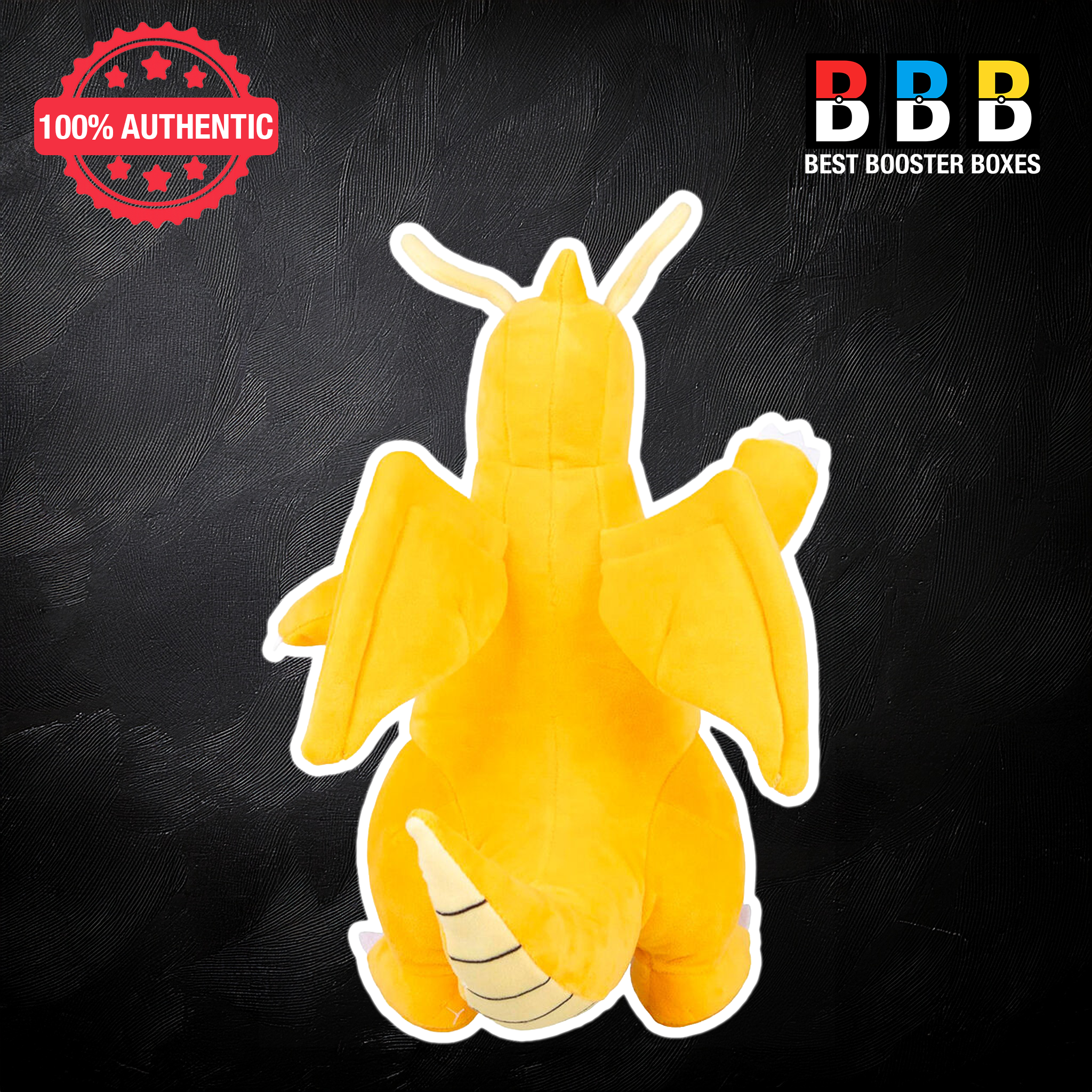 Pokémon Dragonite 12 inch plush toy – rear view showing yellow-orange back, teal wings and curled tail detail