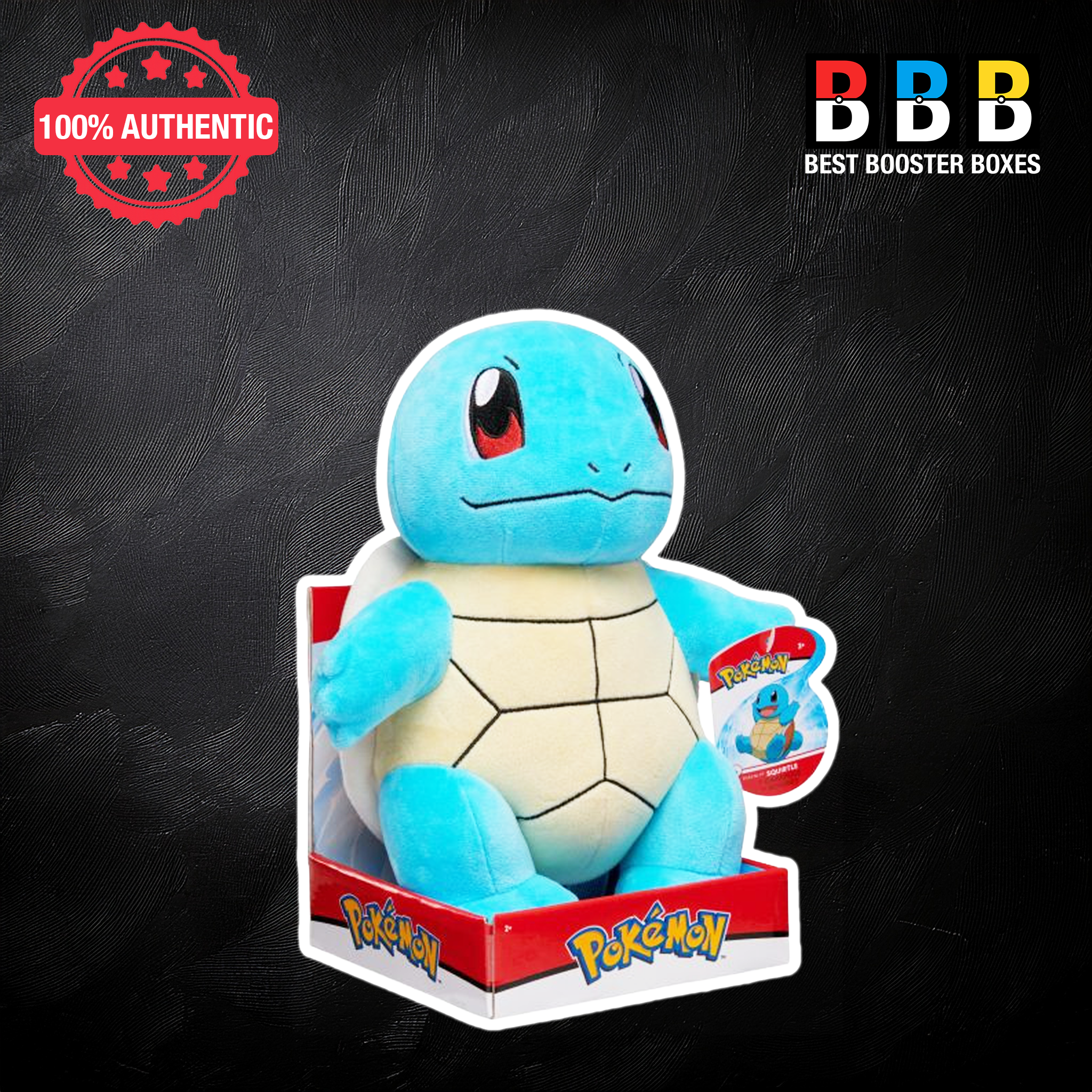 Pokémon Squirtle 12 inch plush in Pokémon display box – three-quarter view showing blue body, cream shell and Pokémon hang tag