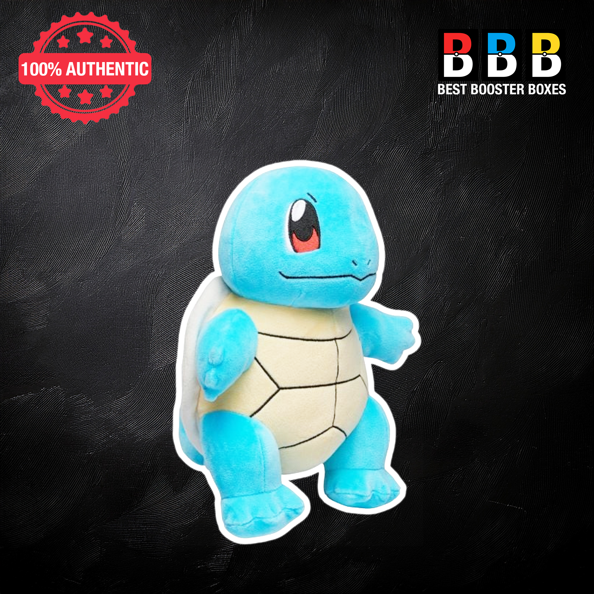 Official Pokémon Squirtle large plush toy 12 inch – side view showing blue body, cream shell detail and curled tail
